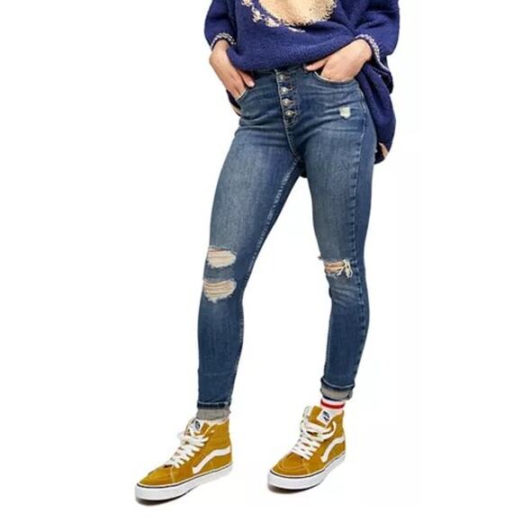 Free People Button Fly Sabrina Distress High Rise Super Skinny Jeans Women Sz 26 - Picture 1 of 7